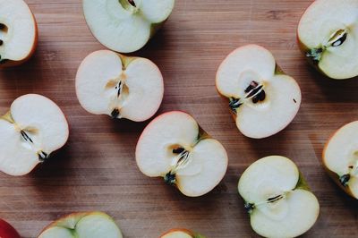 High angle view of chopped fruits on table