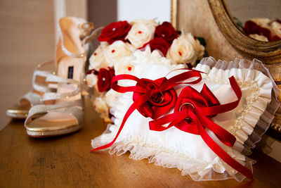 Close-up of christmas decorations on table