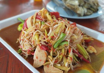 Close-up of noodles served in plate