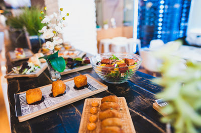 High angle view of meal served on table