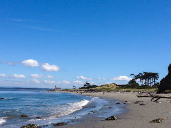 Scenic view of beach against blue sky