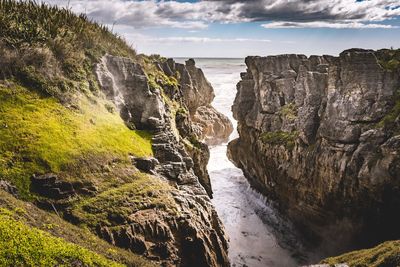 Panoramic view of rocks on sea against sky