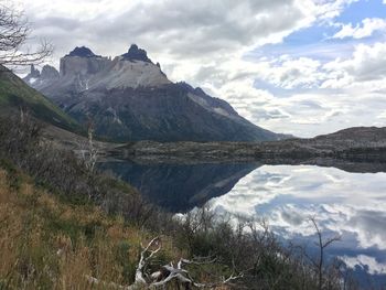 Scenic shot of reflection of mountain range in lake