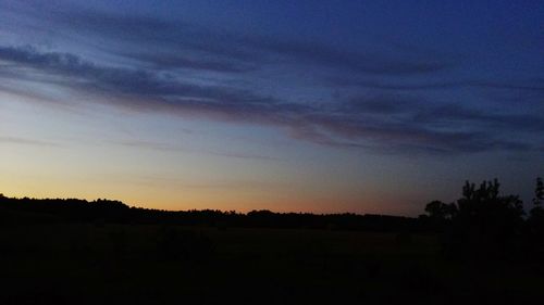 Silhouette trees on field against sky at sunset