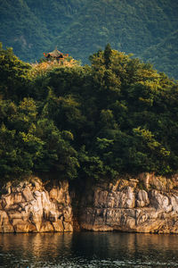 Scenic view of sea and rocks against trees