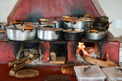 Various food on barbecue grill in kitchen