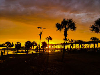 Silhouette palm trees on street against orange sky