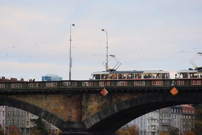 Bridge over river in city against sky