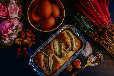 High angle view of breakfast on table