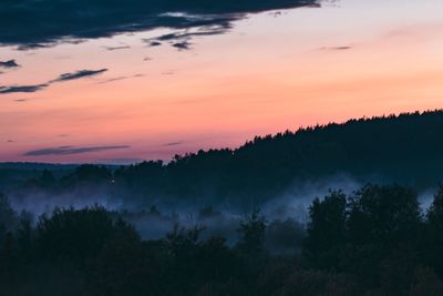 Scenic view of silhouette trees against orange sky