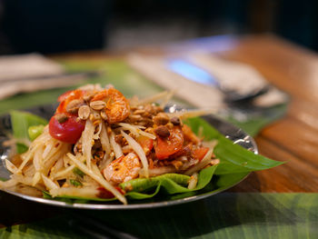 Close-up of meal served on table