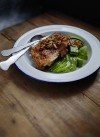 High angle view of food in plate on table