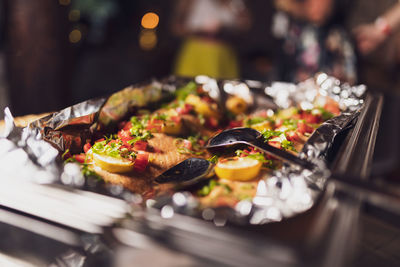 Close-up of meal served on table in restaurant