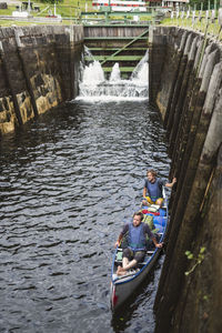 High angle view of men kayaking