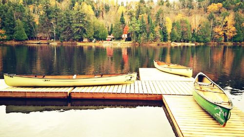 Close-up of boats moored in lake