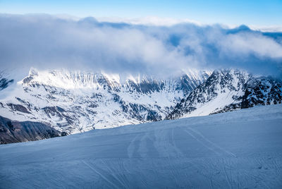 Scenic view of snowcapped mountains against sky