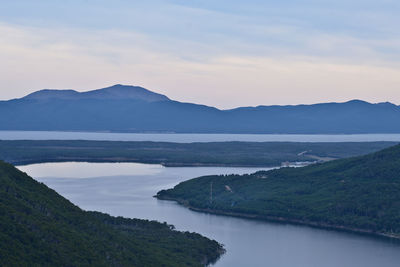 Scenic view of lake by mountains against sky