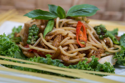 Close-up of pasta served in plate