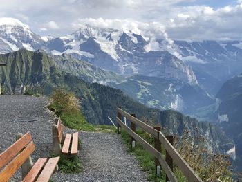 Scenic view of snowcapped mountains against sky