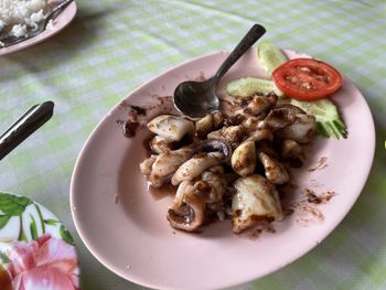 High angle view of food in plate on table