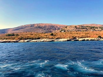 Scenic view of sea against clear blue sky