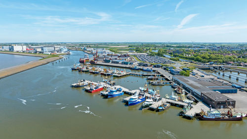Aerial from the fishing harbor in harlingen in friesland the netherlands