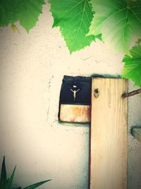 Close-up of open door on wall