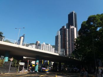 Modern buildings against clear blue sky in city