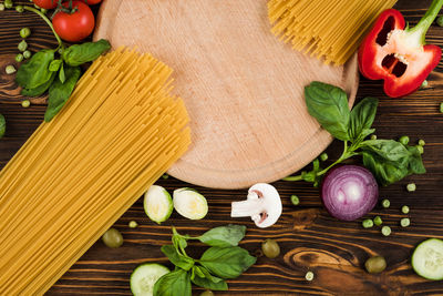 Close-up of fruits and vegetables on cutting board