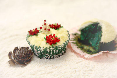 Close-up of strawberry cake on table