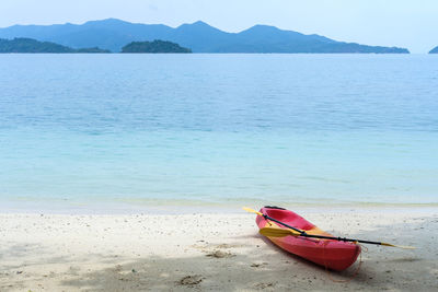 Red canoe on the sandy beach with shade trees, blue sea and sky background.