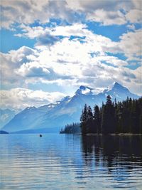 Scenic view of lake by mountains against sky