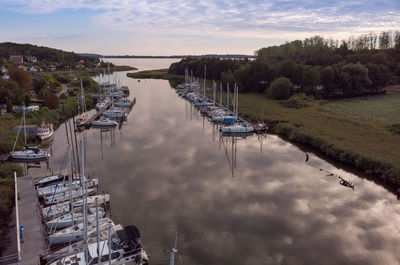 High angle view of boats moored at harbor