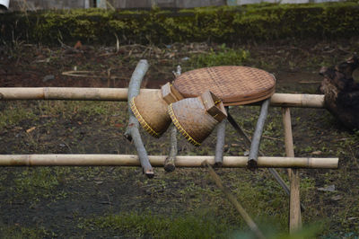 High angle view of bamboo plate on field