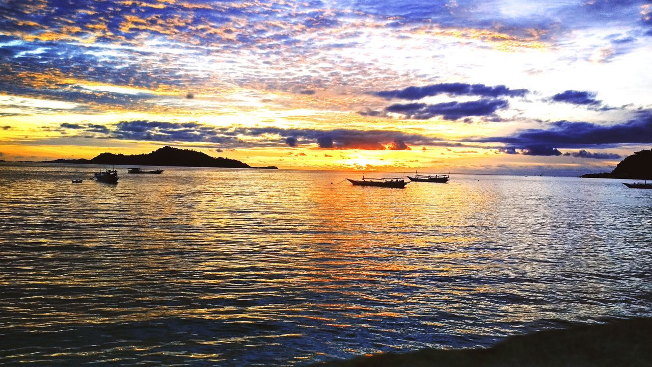 sky, water, cloud - sky, sunset, sea, waterfront, nautical vessel, scenics - nature, transportation, beauty in nature, tranquility, mode of transportation, orange color, nature, tranquil scene, no people, reflection, idyllic, outdoors