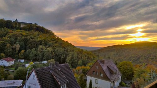 High angle view of townscape against sky during sunset