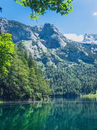 Scenic view of lake by trees against sky