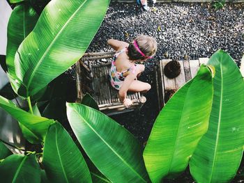 High angle view of girl sitting on chair in yard
