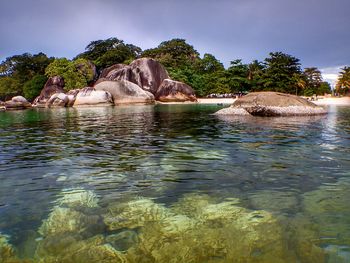 Scenic view of rock formation by trees against sky