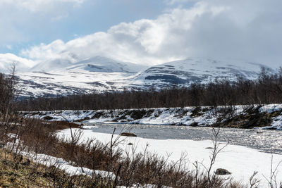 Snow covered landscape against sky