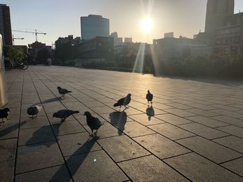 People walking on footpath by buildings in city
