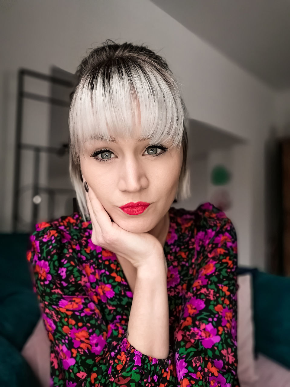 portrait, one person, adult, women, looking at camera, fashion, young adult, indoors, human hair, hairstyle, blond hair, make-up, pink, short hair, headshot, female, lipstick, waist up, front view, clothing, portrait photography, purple, lifestyles, bangs, photo shoot, dress, human face, floral pattern, emotion, cool attitude, black hair, pattern, elegance, smiling, person, human eye, eye