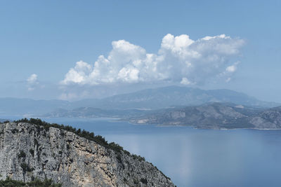 Panoramic view of sea and mountains against sky