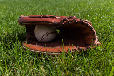 Close-up of baseball glove and ball on field