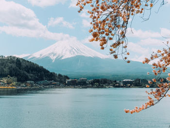 Scenic view of sea by snowcapped mountains against sky