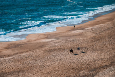 High angle view of people standing on beach