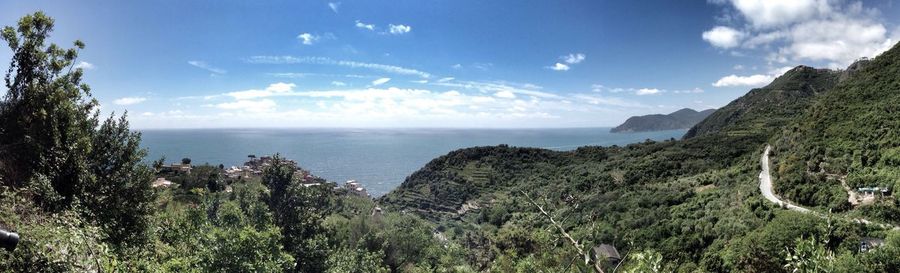 Panoramic view of sea and mountains against sky