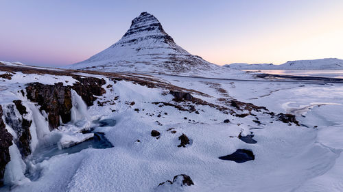 Scenic view of snow covered mountain against sky