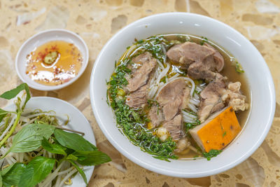 High angle view of soup in bowl on table