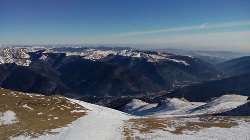 Scenic view of mountains against sky during winter